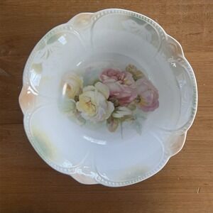 Antique Bavaria Porcelain Bowl Hand Painted Roses Scalloped Edge 8.25" Shabby‎